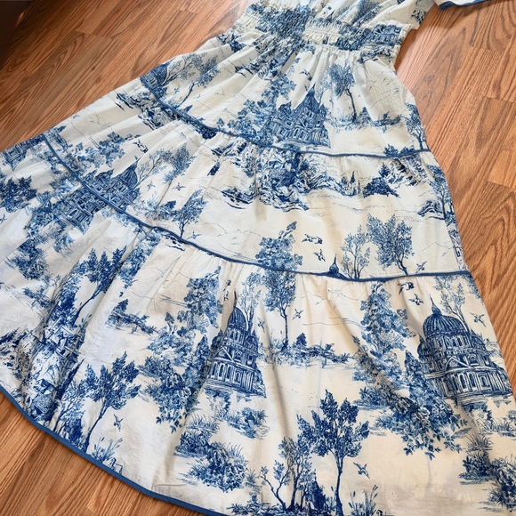 Blue White Toile Maxi Dress L Coastal Grandmother Cottagecore Tiered 100% Cotton - Picture 7 of 12